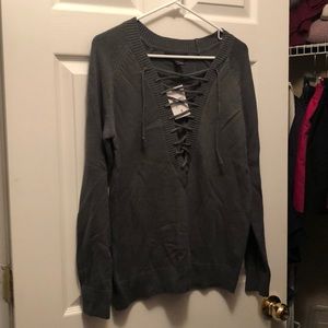 Green lace up sweater NWT